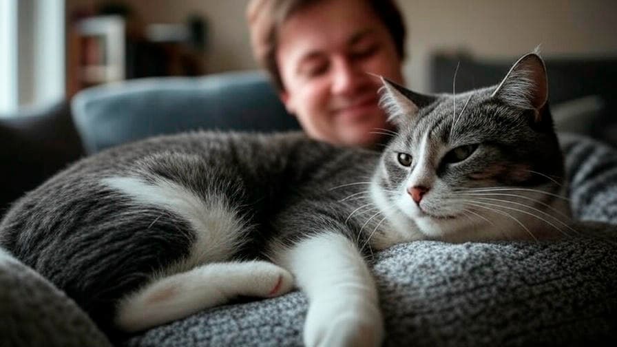 Gato adoptado descansando sobre las piernas de su nuevo humano